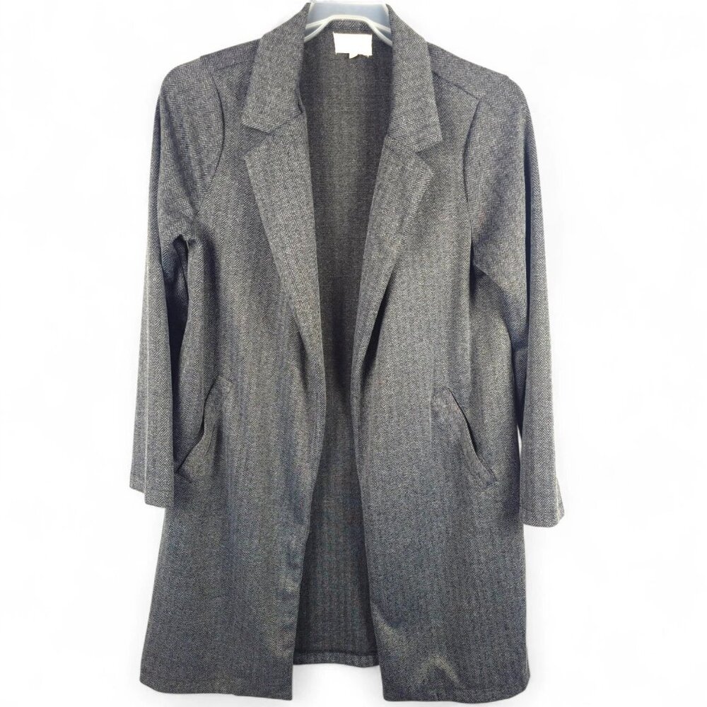 Melloday Herringbone Longline Blazer Coat Medium Grey Dark Academia Open Duster